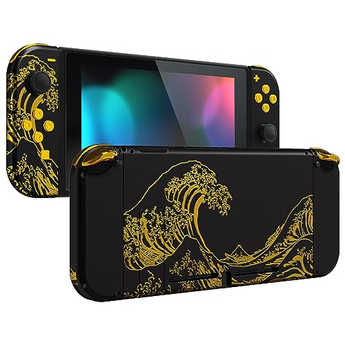 eXtremeRate DIY Replacement Shell Buttons for Nintendo Switch, Back Plate for Switch Console, Housing with Full Set Buttons for Joycon Handheld Controller - The Great Golden Wave Off Kanagawa - Black - color: The Great Wave Off Kanagawa - Black
