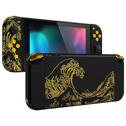 eXtremeRate DIY Replacement Shell Buttons for Nintendo Switch, Back Plate for Switch Console, Housing with Full Set Buttons for Joycon Handheld Controller - The Great Golden Wave Off Kanagawa - Black - color: The Great Wave Off Kanagawa - Black