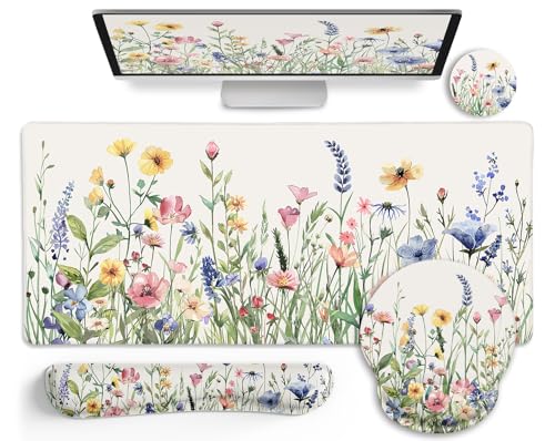 LIMKRIAN Flower Mouse Pad Set Floral Large Desk Matt for Desktop | Ergonomic Mouse Pad with Wrist Rest, Computer Gaming Wrist Support Keyboard Mat, Coaster, Cute Office Desk Decor Accessories - color: XXL-Wild Flower