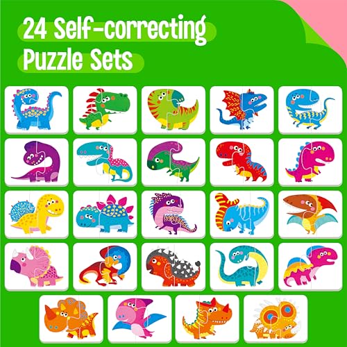 48 Dinosaurs Matching Puzzles with Error-Correction, Self-Correcting Puzzle Match Game Educational Matching Puzzles for Toddlers Kindergarten, Dinosaur-Themed Learning Games Toys for 3 Years Old - style: Dinosaur