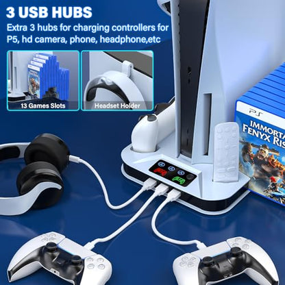 PS5 / PS5 Slim Cooling Station with Controller Charging Station for PlayStation 5 Console Disc/Digital, Cooling Stand for PlayStation 5 Slim with Cooler Fan Accessories with 3 USB Hubs/Headset Holder - color: White