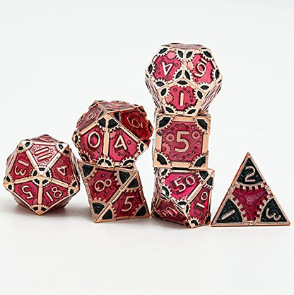 UDIXI Metal DND Dice Set 7PCS Polyhedral D&D Dice Set for Role Playing Game | 7PCS, Red, Steampunk Gear Carved, Solid Metal, Metal Gift Box, DM Gift, for Dungeons and Dragons RPG Tabletop Games - color: Gear-red Copper