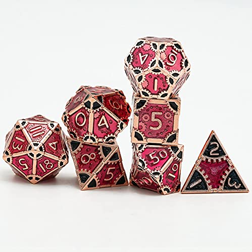 UDIXI Metal DND Dice Set 7PCS Polyhedral D&D Dice Set for Role Playing Game | 7PCS, Red, Steampunk Gear Carved, Solid Metal, Metal Gift Box, DM Gift, for Dungeons and Dragons RPG Tabletop Games - color: Gear-red Copper