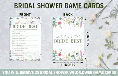 Who Knows The Bride Best Game Cards, Wildflower Bridal Shower Games Card, Floral Wedding Shower Games Set, 25 Game Cards for Bridal Shower Wedding Bachelorette Engagement, 02 - style: Who Knows The Bride Best