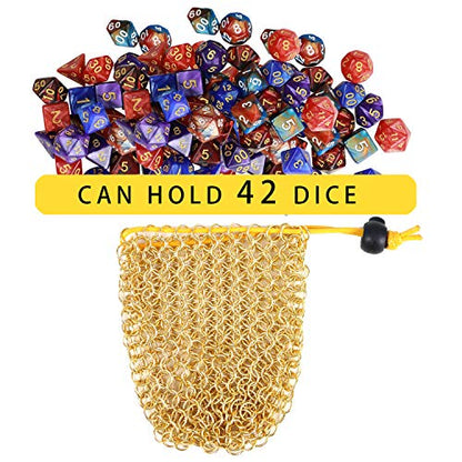 YOUSHARES Chainmail D&D Dice Bag for Dungeo and Drago Drawstring Stainless Steel Dice Bag Dice Set (Hold 42 DND Dice, Gold) - color: Gold