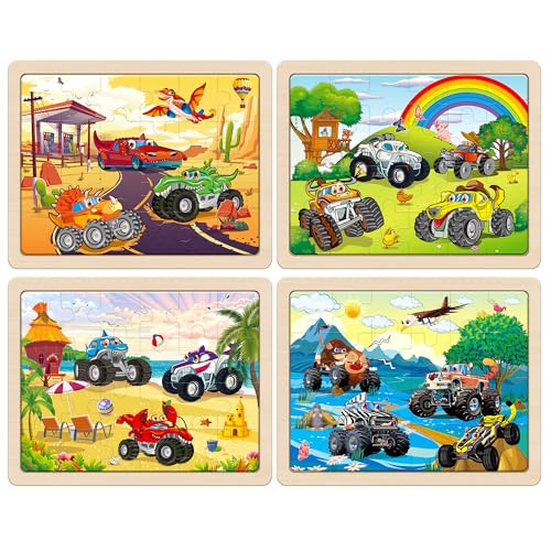 SYNARRY Large Wooden Monster Truck Puzzles for Kids Gift Box(12.2*9.4 in), 24 Piece Puzzles for Toddlers 3-5, Wood Jigsaw Puzzles for Kids Ages 4-6, Easter Basket Stuffers Gifts for Kids - style: Vehicle