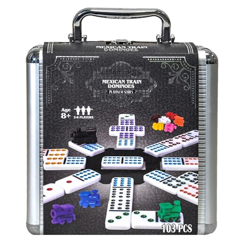 Sunny Days Entertainment Elbow Room Games Mexican Train Dominoes Set – Double 12 Color Dot Dominos Game with Tin Case & Hub for Family Fun | 91 Pieces, Plastic Tiles, Tin Storage Case, Central Hub, 6 Players, 8 in x 8 in, Family Game Night