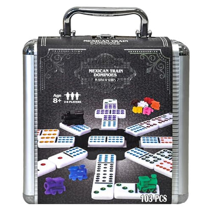 Sunny Days Entertainment Elbow Room Games Mexican Train Dominoes Set – Double 12 Color Dot Dominos Game with Tin Case & Hub for Family Fun | 91 Pieces, Plastic Tiles, Tin Storage Case, Central Hub, 6 Players, 8 in x 8 in, Family Game Night