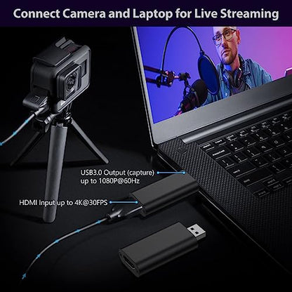 4K HDMI to USB 3.0 Video Capture Card, 4K Cam Link Card Game Capture Card Adapter Screen Record Capture Device for Streaming, Gaming, Video Conference, Teaching, Live Broadcasting