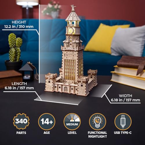 UGEARS Lighthouse of Alexandria 3D Wooden Puzzle for Adults – Wooden Model Kit with LED Night Light, DIY Building Hobby Set, Ancient World Landmark, Home Decor, Brain Teaser, Creative - style: Lighthouse of Alexandria