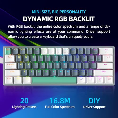 Machenike K500A-B61W 60% Mechanical Wireless Gaming Keyboard, 61 Keys Ultra-Compact Hot Swappable Linear Brown Switch, Dynamic RGB Backlit, Anti-Ghosting, Double-Shot PBT Keycaps, Win/Mac, White - color: White, size: Brown Switch