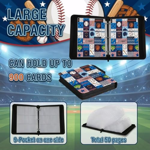 Trading Card Binder 9 Pocket, Baseball Card Binder Holds 900 Cards with 50 Removable Sleeves, Waterproof PU Leather with Zipper Card Collector Album Book Compatible with TCG Cards - color: Baseball