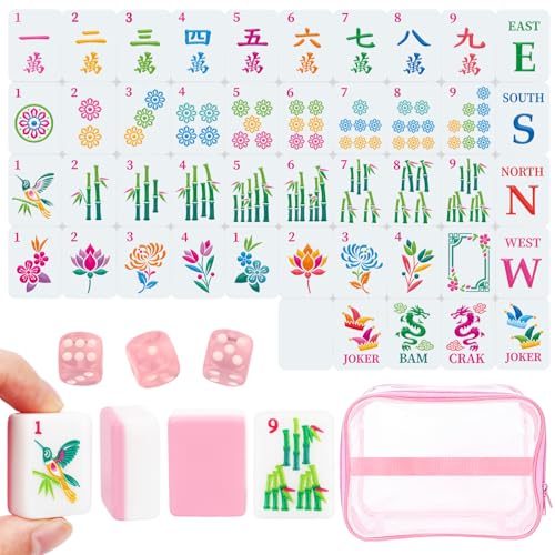 162 American Mahjong Tile Set with Storage Bag & Dice, 1.2" Mini Pink 3D Engraved Melamine Mahjong Tiles for Adults, Friends and Family Game Night, Travel Size Chinese Game Gifts - color: Pink