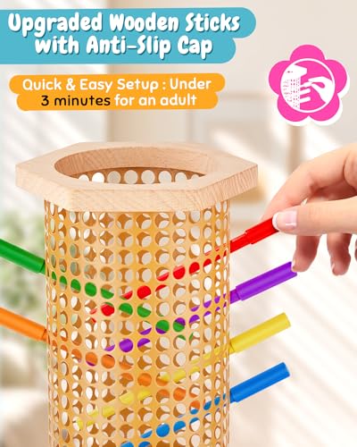 Easy-Setup Wooden Stick Montessori Tower Game for Kids 3-8 | Flexible 544-Hole Layout, Shaped No-Slip Slots, 42 Color Rods, 12 Balls, Storage Bag Included, Family Night, Ideal Gift