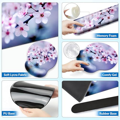 Desk Mat Set Keyboard and Mouse Pad with Wrist Rest Support | Ergonomic,Pain Relief, 4-in-1 Large Big Mousepad Computer Mats,Desk Pad Matt Mats for Desktop Home & Office - color: L1-Cherry Blossom
