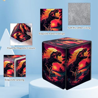 Card Deck Box for MTG Commander,Collectible Trading Storage Box Fits 120+ Single Sleeved Cards Magnetic Case PU Leather for Magic Commander TCG CCG MTG,Dinosaur Sunset - color: Dinosaur Sunset