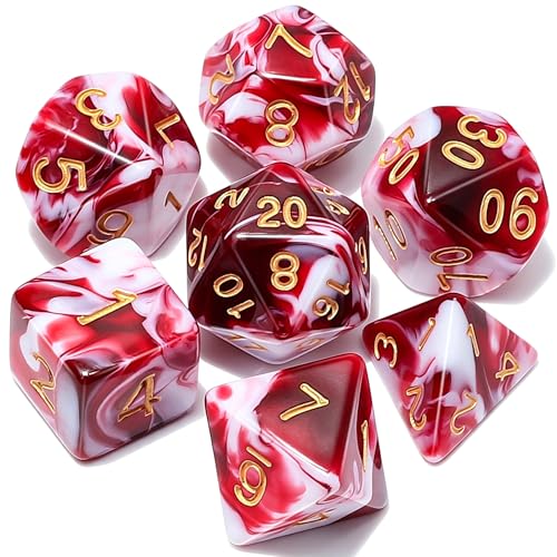 QMAY DND Dice Set -D&D Polyhedral Dice (7 Pcs) for Dungeons and Dragons (Blood red and White) - color: Blood Red and White