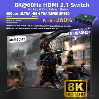 HDMI 2.1 Switch 3 in 1 Out 8K@60Hz, 4K@120Hz HDMI Switcher Wireless Remote | Power By HDMI Cable, Gaming Console, Streaming Device, Home Theater, Projector, Slim Dimension, Long Remote Distances