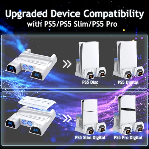 SOTY PS5/Slim/Pro Cooling Station Vertical Stand with Cooling Fan, Dual Controller Charging Dock, 11 Game Disc Storage Organizer, Metal Base Gaming Setup (Standard Edition, PlayStation 5)