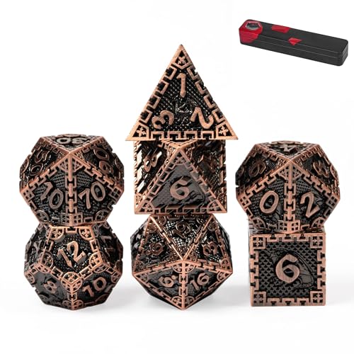 UDIXI Metal Dice Set Polyhedral DND Dice Set for Role Playing Game (Copper) | 7-Pieces, Dragon Carved, Chain-edge Design, Metal Gift Box, DM Gift, for Dungeons and Dragons Games Tabletop Games - color: Chain Frame-antique Copper