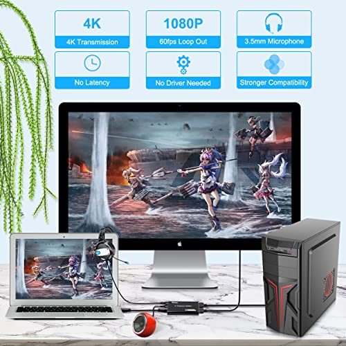 4K Audio Video Capture Card, Recording Card with Microphone HDMI Loop-Out，HDMI to 1080P USB 3.0 for Gaming Streaming TV Recorder, Live Streaming Broadcasting