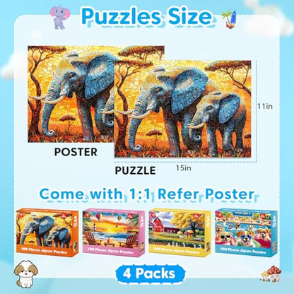 Puzzles for Kids Ages 6-8 8-10 Year Old - Elephants, Farm, Beach, Dogs, Large Piece Puzzles for Seniors Adults 100 Pieces Jigsaw Puzzle for Kids Ages 4-6, Learning Educational Toys - style: Animals Beach
