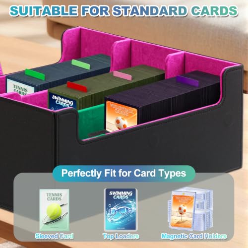 Trading Card Storage Box, Holds 1800 Sleeved Card, PU Magnetic Closure | 200 Toploaders and 600 Penny Sleeves INCLUDED, 10 Dividers and 6 Foam Stoppers INCLUDED, Fit for MTG, TCG and Sports Cards - color: Black and Fuchsia