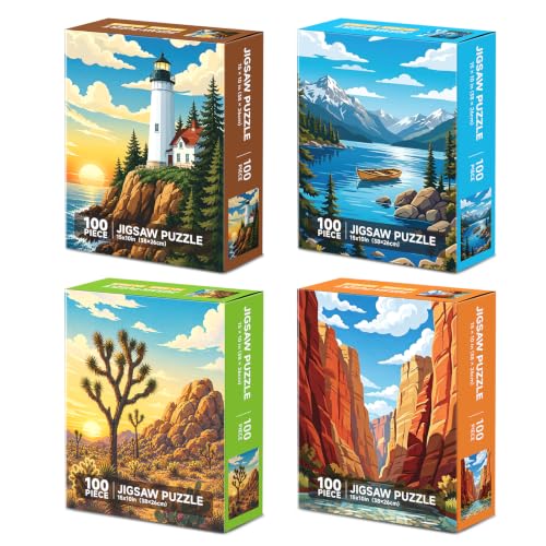 4-Pack 100 Piece Puzzle, National Parks 100 Piece Puzzles for Adults Seniors, Zion Acadia Joshua Tree Lake Tahoe Large Piece Puzzles for Seniors Adults, Mountain Lake Nature Landscape Puzzle Gifts