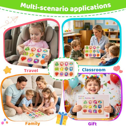 Melofaver Montessori Wooden Movable Color Shape Board Puzzle for Toddlers | Wooden Shape Matching Game, Preschool Educational Learning Toys, Christmas Birthday Gifts for Kids 3 4 5 Years Old Boys Girls