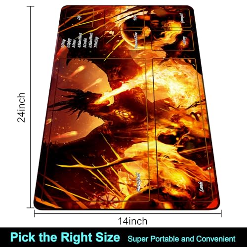 MTG Playmat with Storage Tube & 7-Dice Set - Waterproof TCG Playmat with Stitched Edges, Non-Slip Rubber Card Game Mat (24"x14") (playmat with Zones, 2-A Vicious fire-Breathing Dragon) - color: 2-a Vicious Fire-breathing Dragon, style: playmat with zones