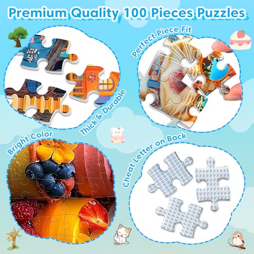 4-Pack 100 Piece Puzzles - Cakes Tree House Cats Puzzle for Kids Ages 4-8 8-10, 100 Piece Jigsaw Puzzle for Adults Seniors Children Learning Educational Puzzles Toys Birthday Xmas Gifts for Girls Boys - style: Cakes Tree House & Cats