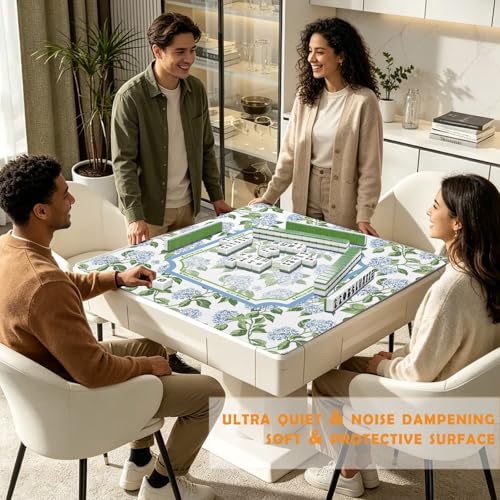 UTELKA Hydrangea Mahjong Mat, Blue Mahjong Mat with Rules 31.5 Inch | Mahjong Lovers Gifts, Summer Rubber Mahjong Table Cover, Blue and White Mahjong Game Pad, Mahjong Accessories Supplies - color: Blue Hydrangea