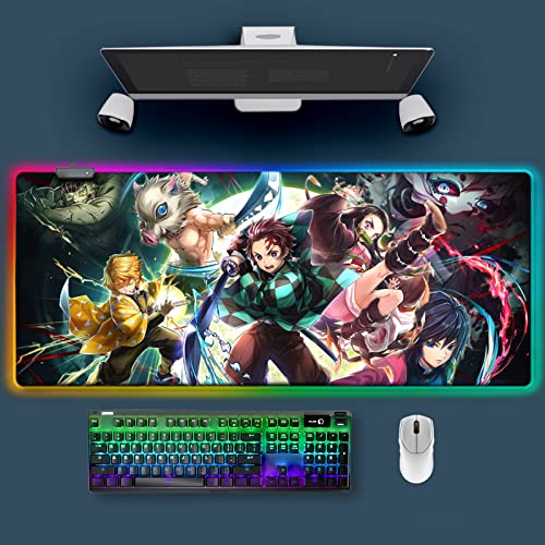 RGB Mouse Pad for Demon - Anime Tanjirou Large Mouse Pad for Computer with LED Light Edges Non Slip Rubber Base | Compatible with Kimetsu No Yaiba 11.8 x 31.5in Long Mouse Mat