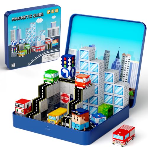 City Traffic Magnetic Blocks Set Fully Encased Magnets Non-Toxic | Child-Safe STEM Toys & Choking-Proof Travel Learning Gift for Ages 3-8 Car/Airplane Toddler Toy Birthday - style: City Traffic 49