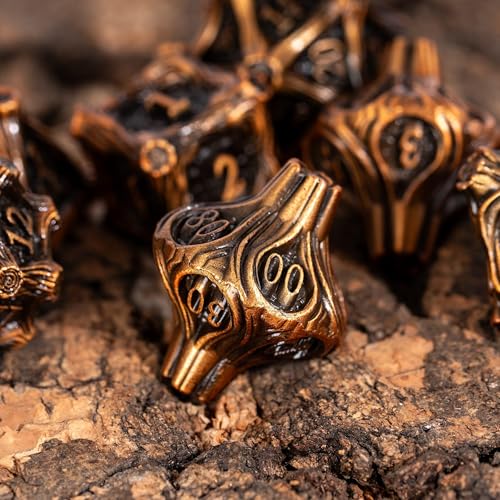 Metal Dice Set D&D 7PCS Metal DND Dice Set Golden for Tabletop Games | Leather Storage Bag, DM Gift, for Dungeons and Dragons Role Playing Games - color: Metal Tree-agolden