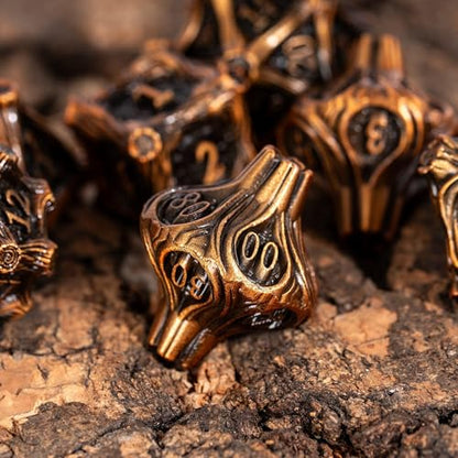 Metal Dice Set D&D 7PCS Metal DND Dice Set Golden for Tabletop Games | Leather Storage Bag, DM Gift, for Dungeons and Dragons Role Playing Games - color: Metal Tree-agolden