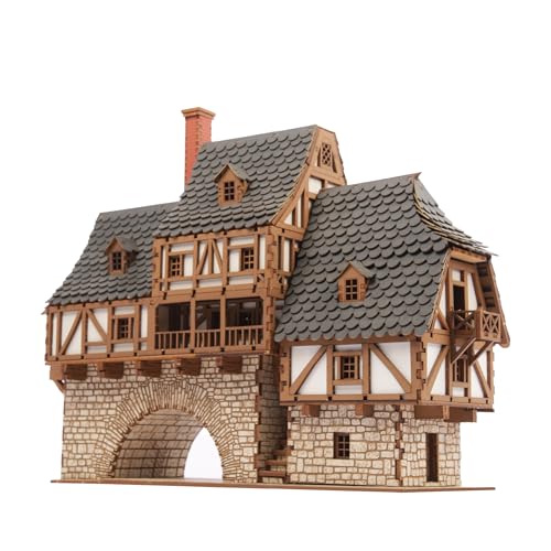 Fawlty Manor (Pro Texture) - Bridge Dwelling - Medieval Tavern - Medieval Europe Series - 3D Puzzle - Architectural Model Kit - DIY - 28mm Scale – 465 Pieces – Ages 15 Years and Above - color: Manor Medieval