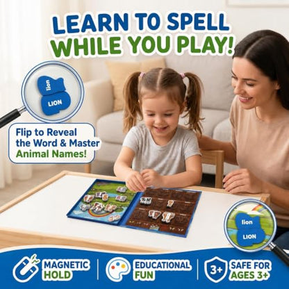 Travofun 4-in-1 Animal Game,Magnetic Travel Game for Toddlers Ages 3-5 | 4-in-1 travel toy with magnetic fishing, animal matching, spelling, and story play in a colorful Noah's Ark picture scene. - style: 4-in-1 Animal Game