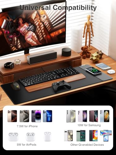 Wireless Charging Mouse Pad, 31.5"x15.8" Large Desk Mat, Smooth Glide | Waterproof Mousepad, Stitched Edge, Non-Slip Rubber Base, Desk Pad Computer Keyboard Mat, No Adapter - color: Black-31.5"x15.8"-Right