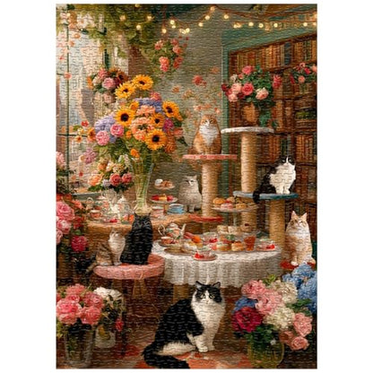 Cat Puzzles for Adults 1000 Pieces, Kitty Coffee Cake Flower Puzzle, Floral Kitten Animal Jigsaw Puzzles, Cozy Coffee Shop Wall Decor - style: Cozy Cat Cafe puzzle