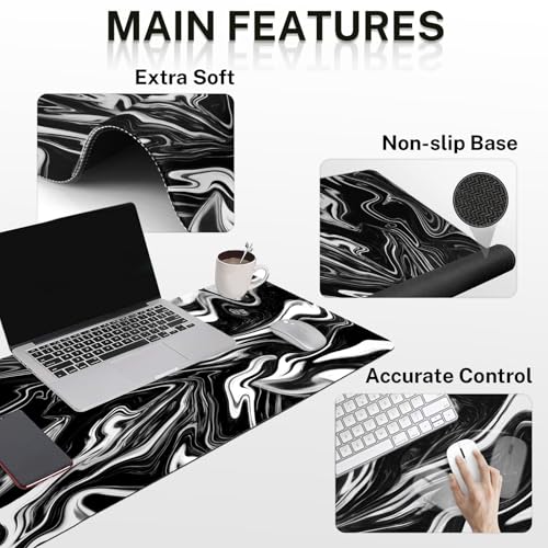 Britimes Black White Marble Keyboard Mouse Pad Set 4in1 Large Mousepad+Keyboard Wrist Rest+Mouse Wrist Rest+Coaster Ergonomic Design for Home Office Computer 35.4x15.7 inches - color: Black White Marble