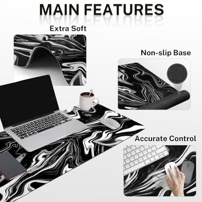 Britimes Black White Marble Keyboard Mouse Pad Set 4in1 Large Mousepad+Keyboard Wrist Rest+Mouse Wrist Rest+Coaster Ergonomic Design for Home Office Computer 35.4x15.7 inches - color: Black White Marble