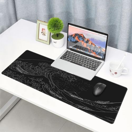 Japanese Sea Wave Large Mouse Pad, Anime Black Gaming, Extended Kanagawa Mat Desk Pad, 3mm Thick Long Non-Slip Rubber Base Mice Pad, 31.5 X 11.8 Inch - color: Japanese Sea Wave