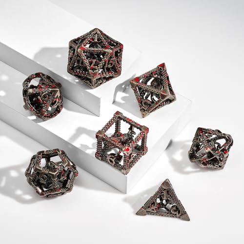 DND Dice Set,3D Octopus Hollow Metal 7-Die,SilverBlood | copper construction,72g balanced weight,engraved numbers,gift box and velvet bag for DND RPG play - color: Bloodstained
