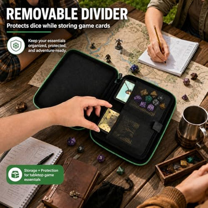 Hard DND Dice Case for 5 Polyhedral Dice Sets, Case Only | Hard shell dice case, holds 5 polyhedral sets, with removable divider and dual mesh pockets for DND/RPG game nights - color: Green