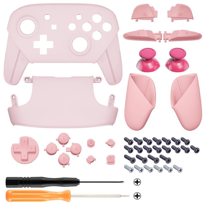 eXtremeRate Replacement Full Set Shell Button for Nintendo Switch Pro Controller, Cherry Blossoms Pink & Puffy Pink Faceplate Backplate Handles for Switch Pro Controller - color: Cherry Blossoms Pink & Puffy Pink