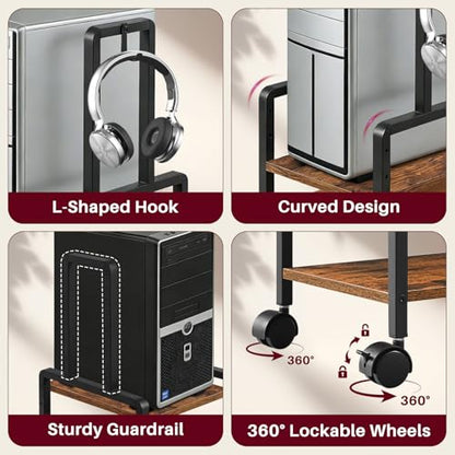 Adjustable 2-Tier PC Stand, Computer Tower Stand with 360° Locking Wheels & Hooks, CPU Cart for Floor, Carpet and Under Desk, 15.2" x 11.8" x 26", Rustic Brown - color: Rustic Brown