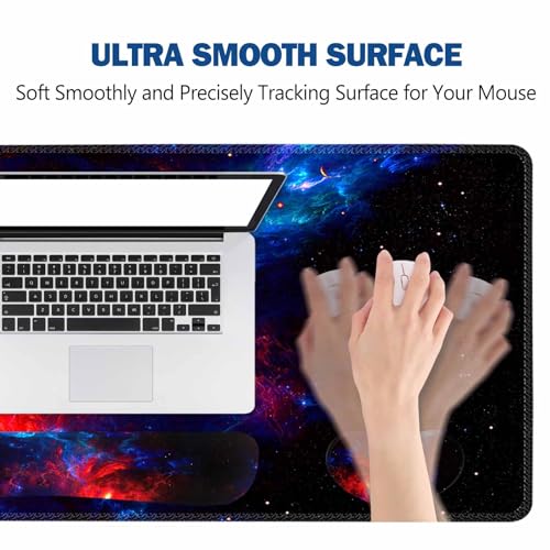 ToLuLu Extended Gaming Mouse Pad, Memory Foam Ergonomic Keyboard Mouse Wrist Rest Support Set, Large Desk Mat with Stitched Edges, Non-Slip Base Mousepad for Home Office and Game, Blue Red Galaxy - color: Blue Red Galaxy