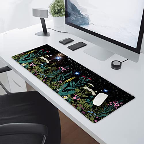 Black Aesthetic Wildflower Large Mouse Pad XL Space Galaxy Weeds Herb Cute Floral Extended Desk Mat Big 80X30 CM Non-Slip Rubber Base Stitched Edge Long Mousepad,31.5×11.8 Inch - color: Blackherb, size: 31.5 x 11.8 inches