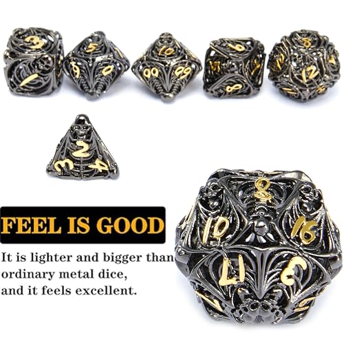 Metal Skull Dice Set Hollow Multi-Sided Dungeons & Dragons Dice 7CPS Role-Playing Dice Set with Flannel Bag Suitable for D&D Board Game Cards (Black Gold) - color: Black Gold